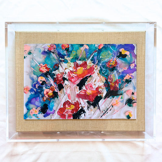 Wild Garden | Original Acrylic & Alcohol Ink Painting On Glass Framed In Shadow Box | Wall Art For Home