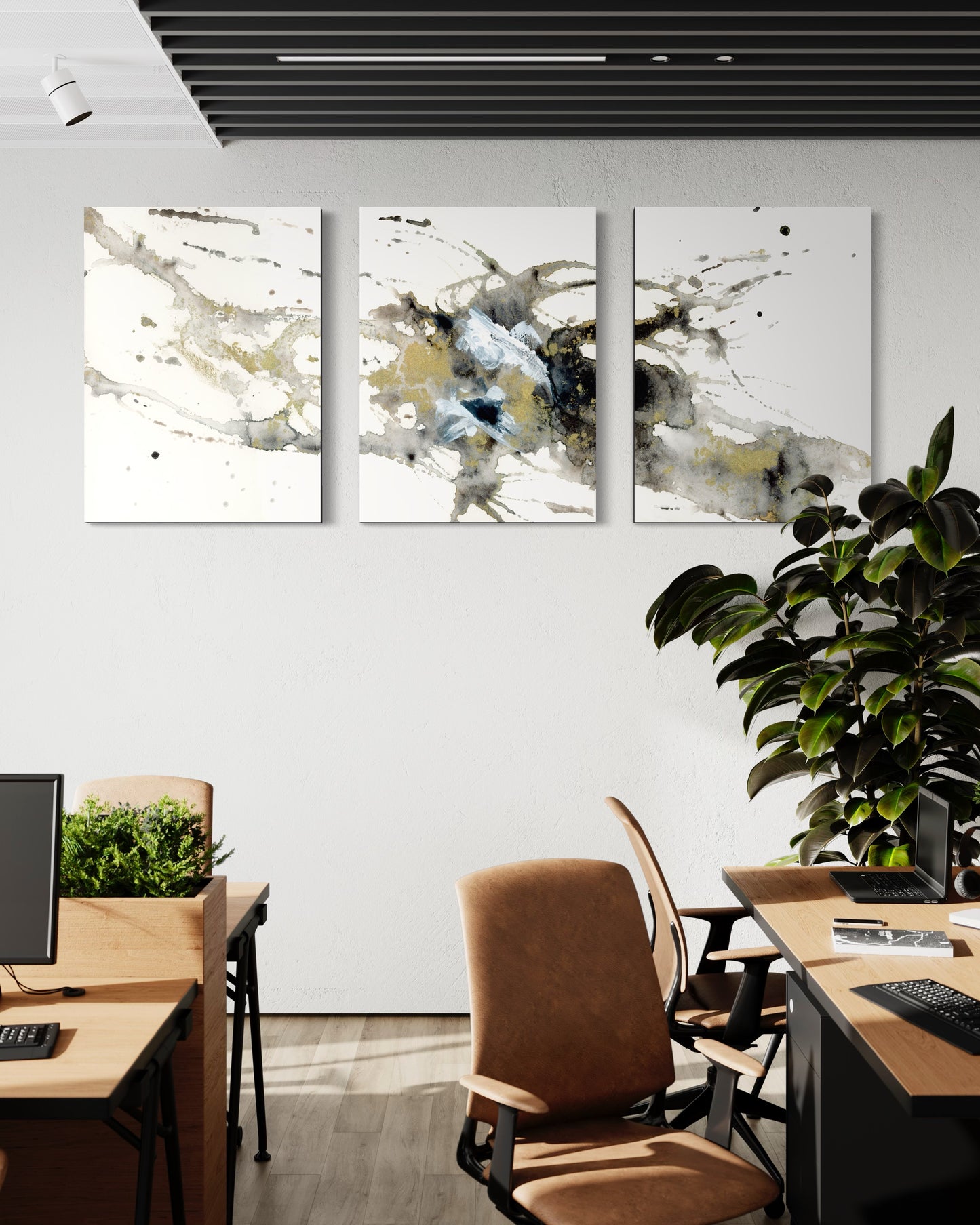 Obsidian & Gold Glass Art Triptych