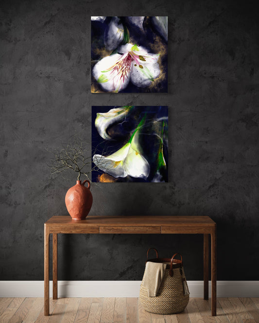 Kintsugi - Japanese Lily Flower Glass Art Print Diptych | Wall Art Decor | Set Of 2