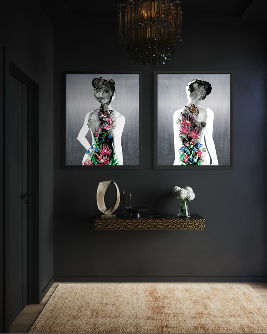 Silhouette In Bloom: Form & Study | Glass Art Print Diptych | Framed Wall Art