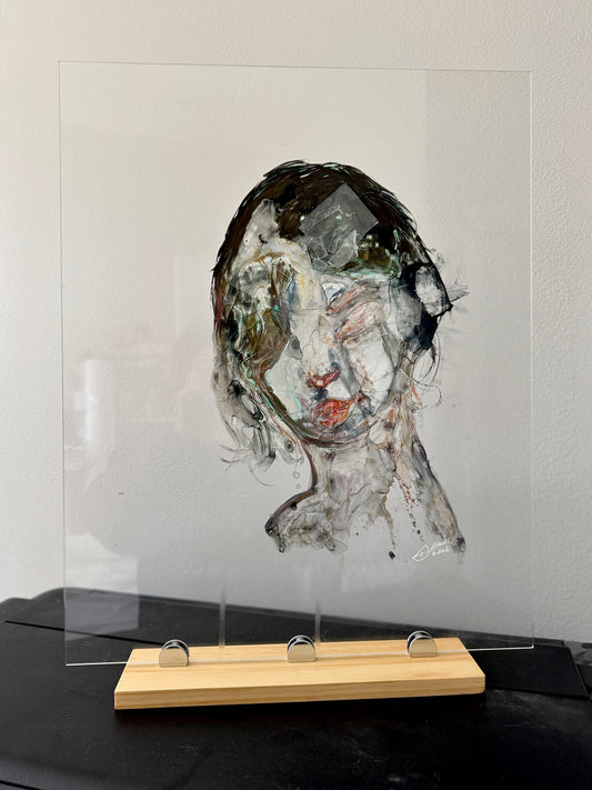 Fractured Reflections Installation | Unknown Face 5 | Original Glass Painting | Wood Display Stand