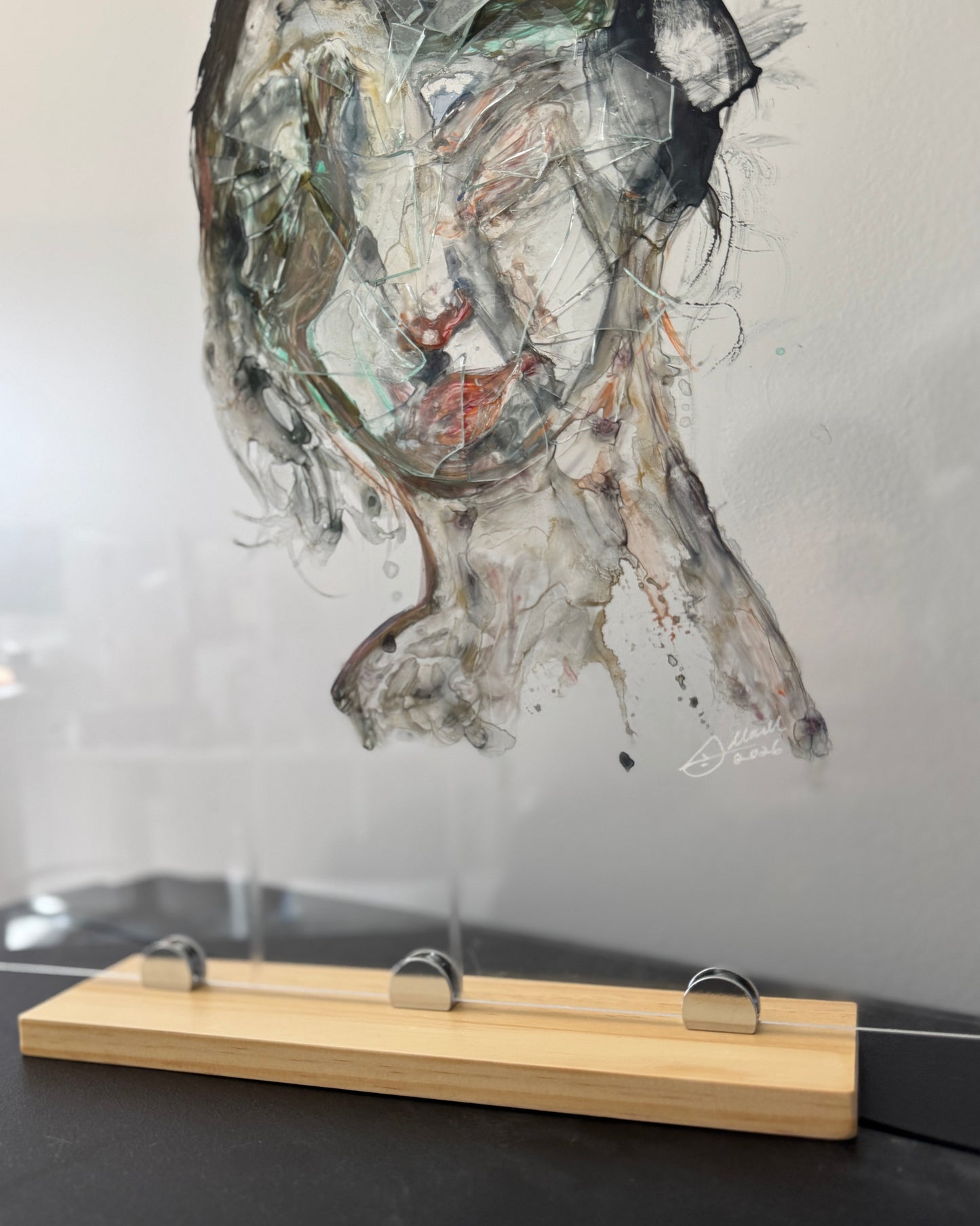 Fractured Reflections Installation | Unknown Face 5 | Original Glass Painting | Wood Display Stand