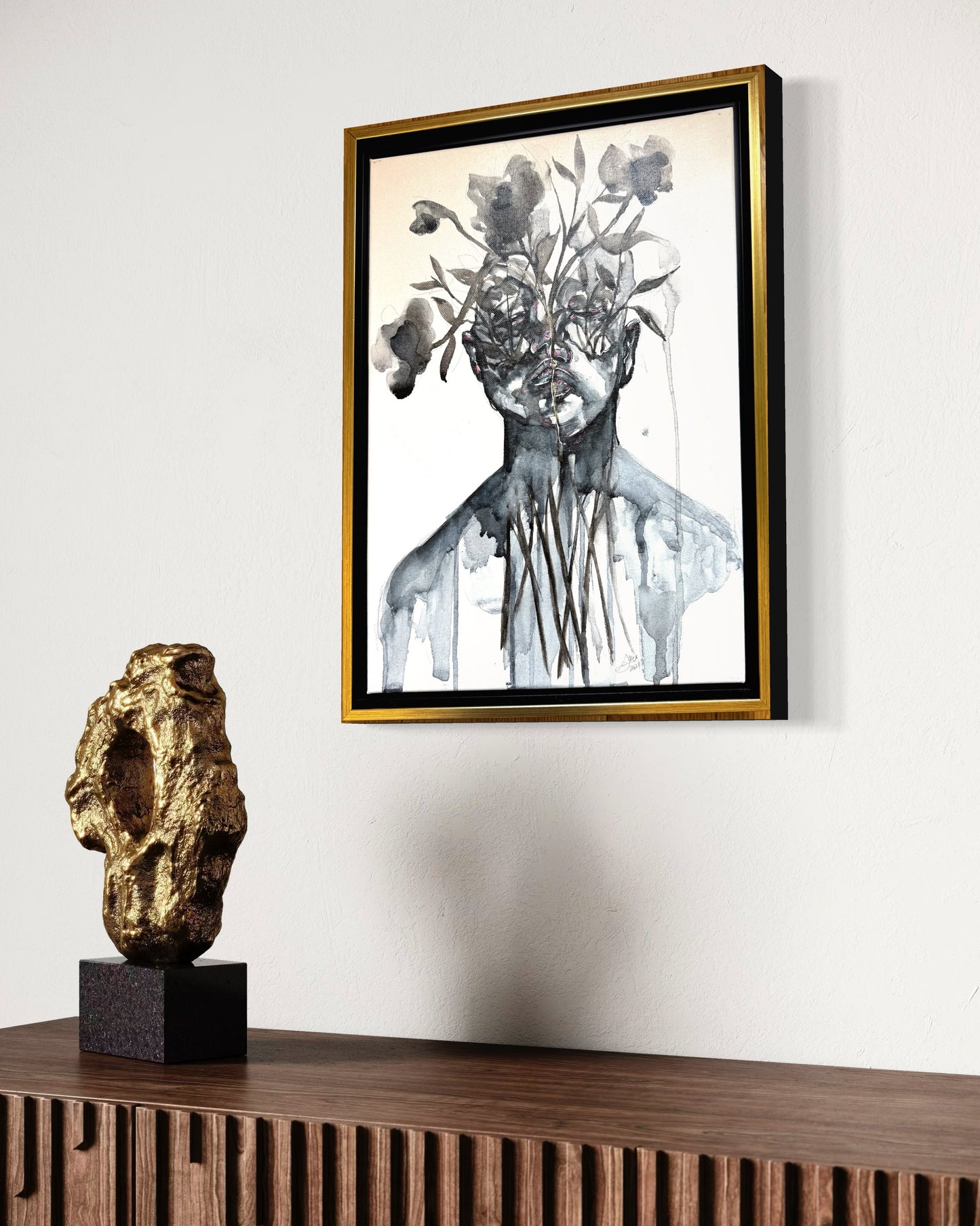 Between Flesh & Bloom | Acrylic On Canvas | Set Of 3 Original Paintings In Black & Gold Floating Frame