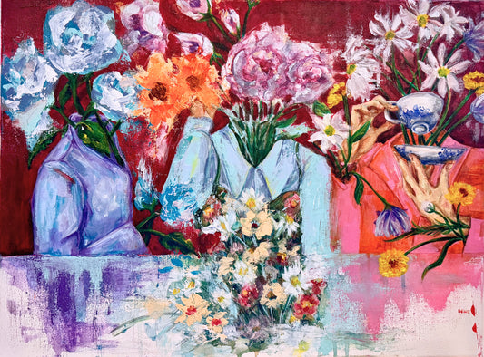 Tea With Me, Myself & I | Acrylic On Canvas | Original Painting In Holographic Acrylic Frame