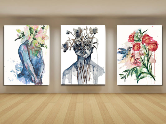 Between Flesh & Bloom Triptych | Acrylic On Canvas | Set Of 3 Original Paintings In Black & Gold Floating Frame