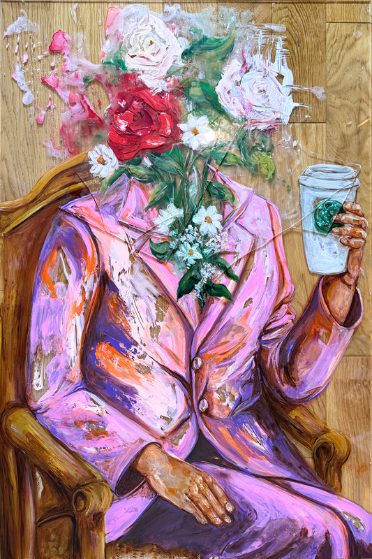 Joy - Latte With Me & Myself| Acrylic On Broken Glass Panels | Original Painting | Framed