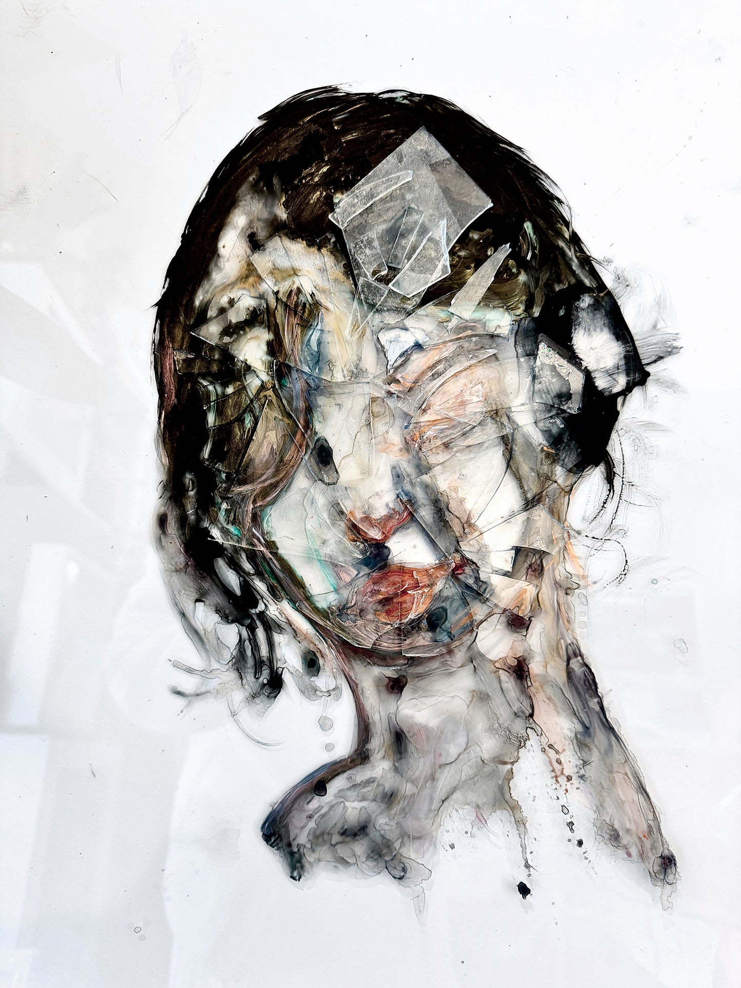 Fractured Reflections Installation | Unknown Face 5 | Original Glass Painting | Wood Display Stand