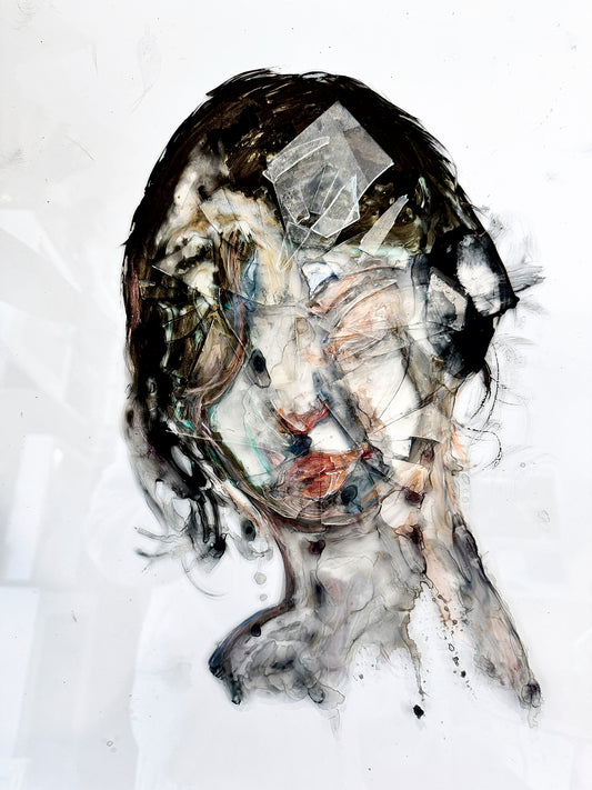 Fractured Reflections Installation | Unknown Face 5 | Original Glass Painting | Wood Display Stand