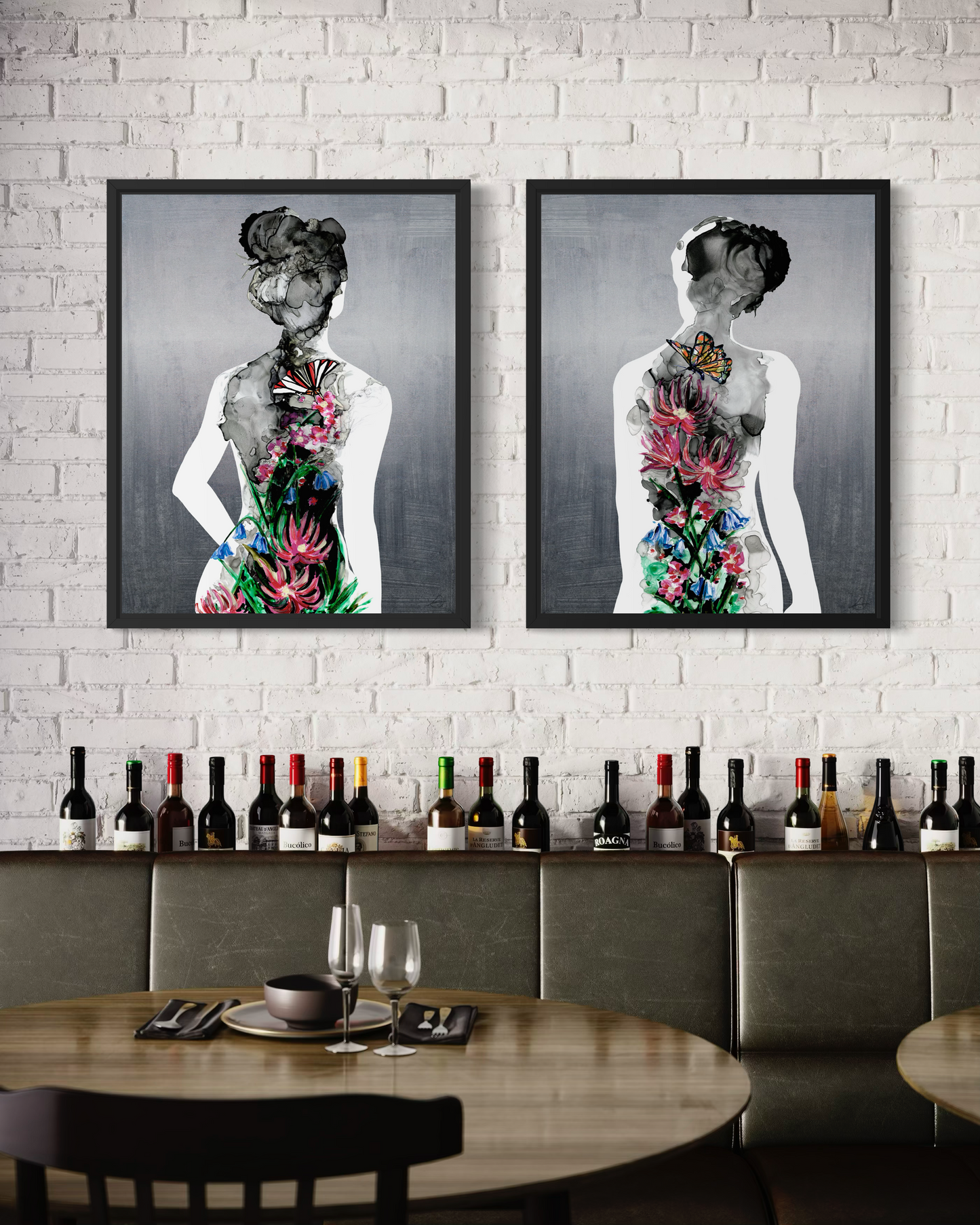 Silhouette In Bloom: Form & Study | Glass Art Print Diptych | Framed Wall Art