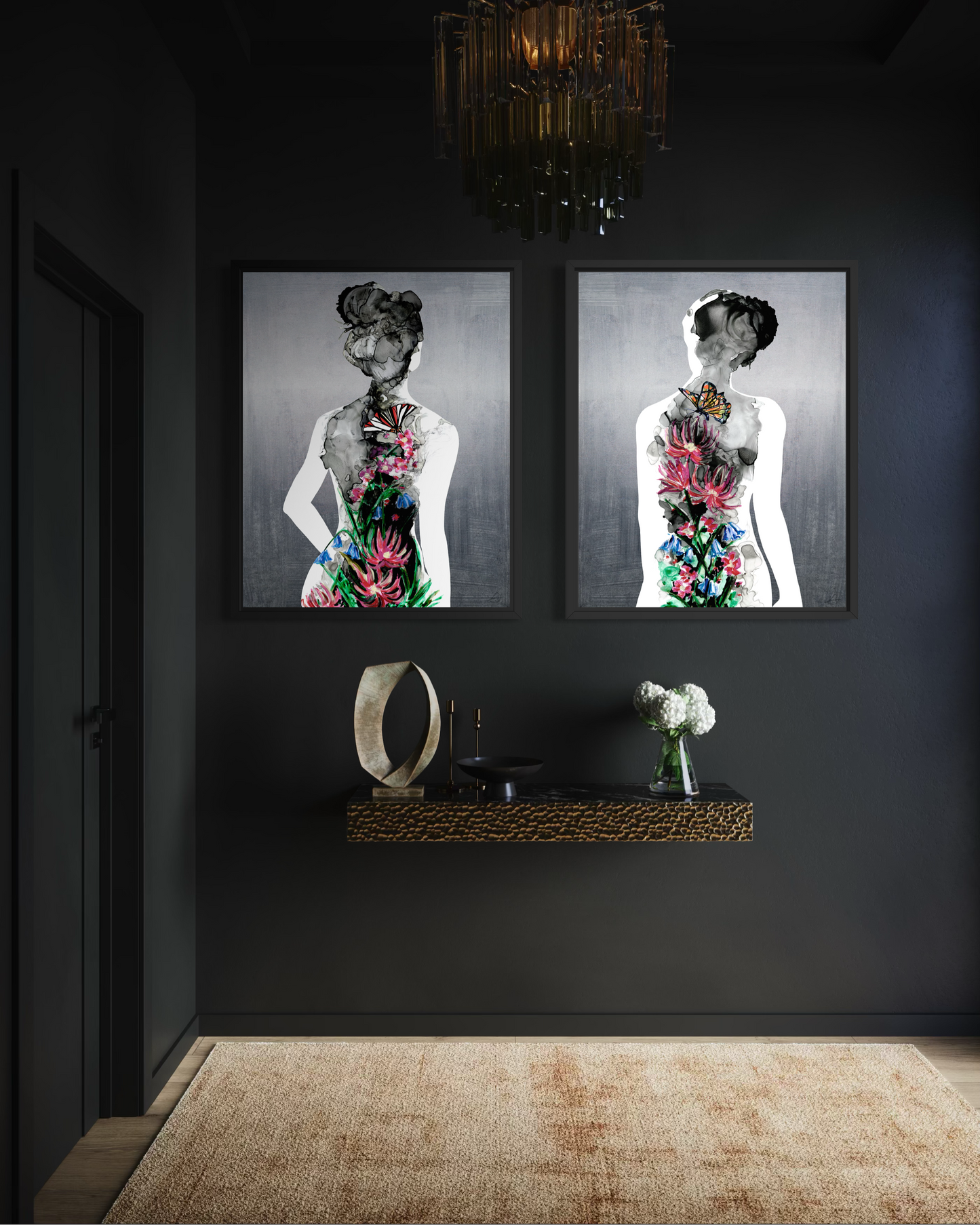 Silhouette In Bloom: Form & Study | Glass Art Print Diptych | Framed Wall Art