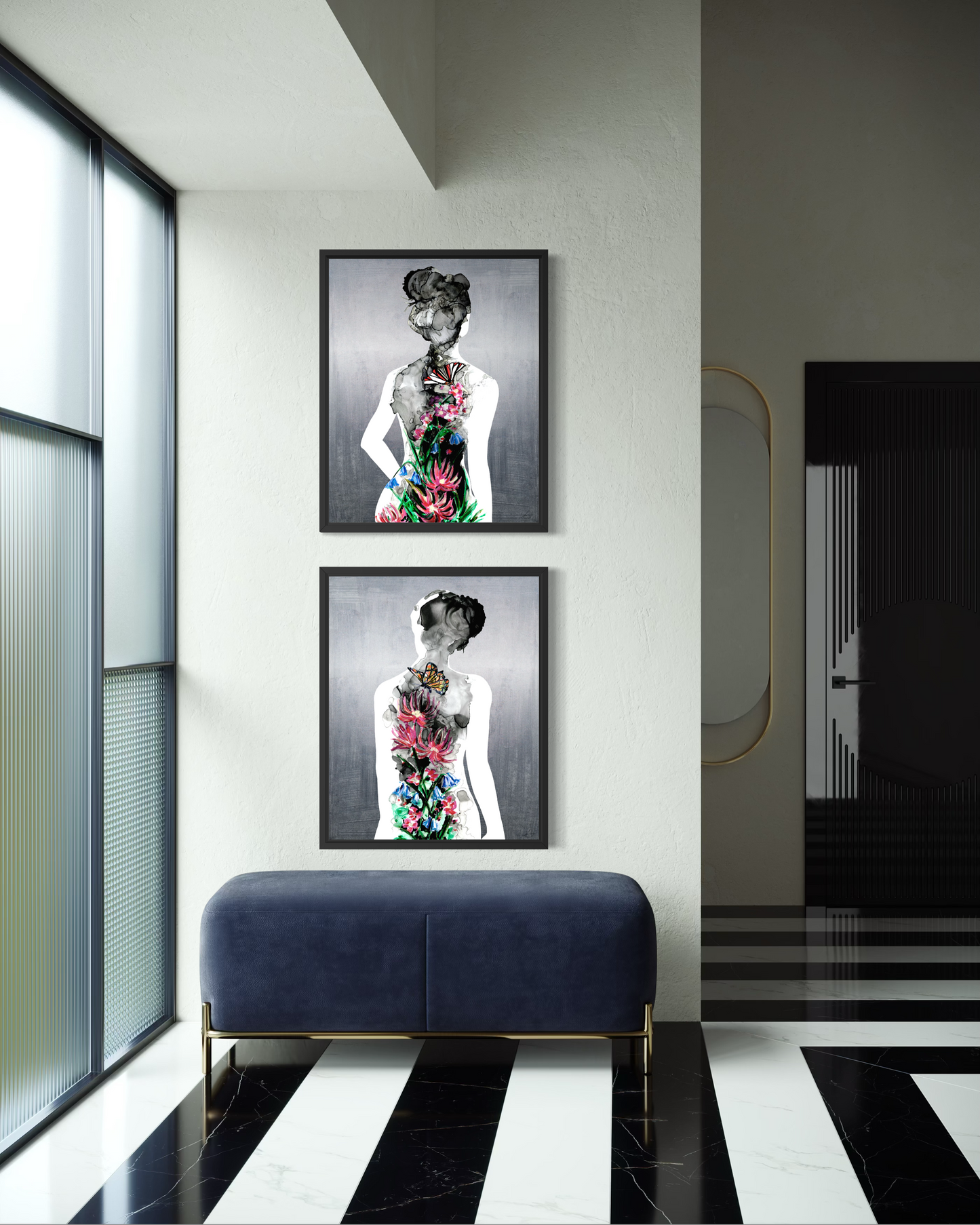 Silhouette In Bloom: Form & Study | Glass Art Print Diptych | Framed Wall Art