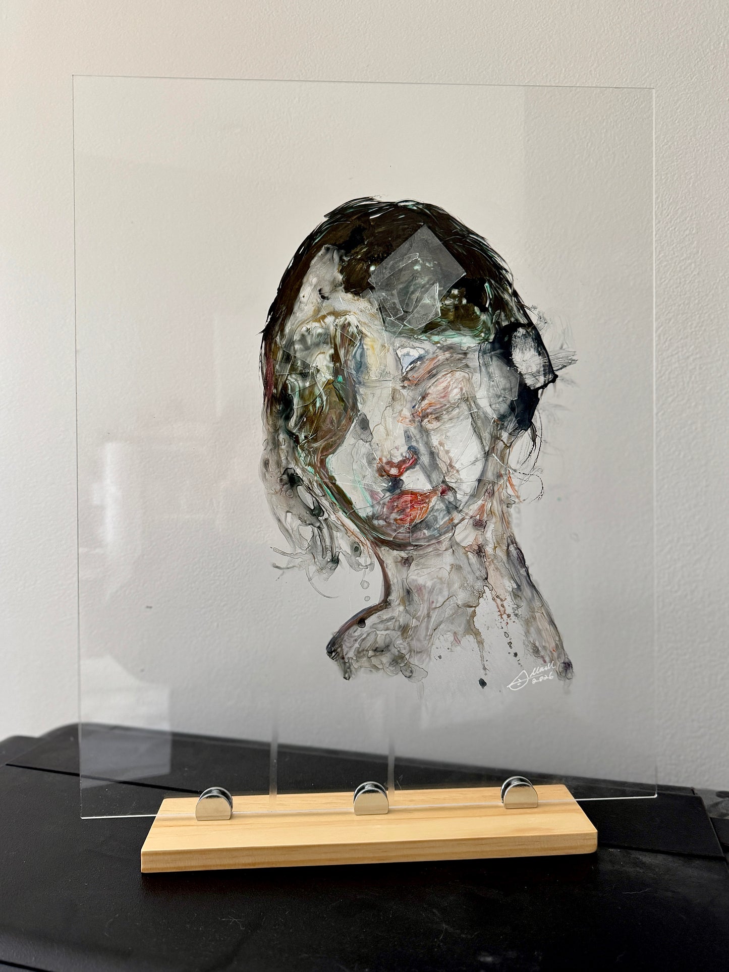 Fractured Reflections Installation | Unknown Face 5 | Original Glass Painting | Wood Display Stand