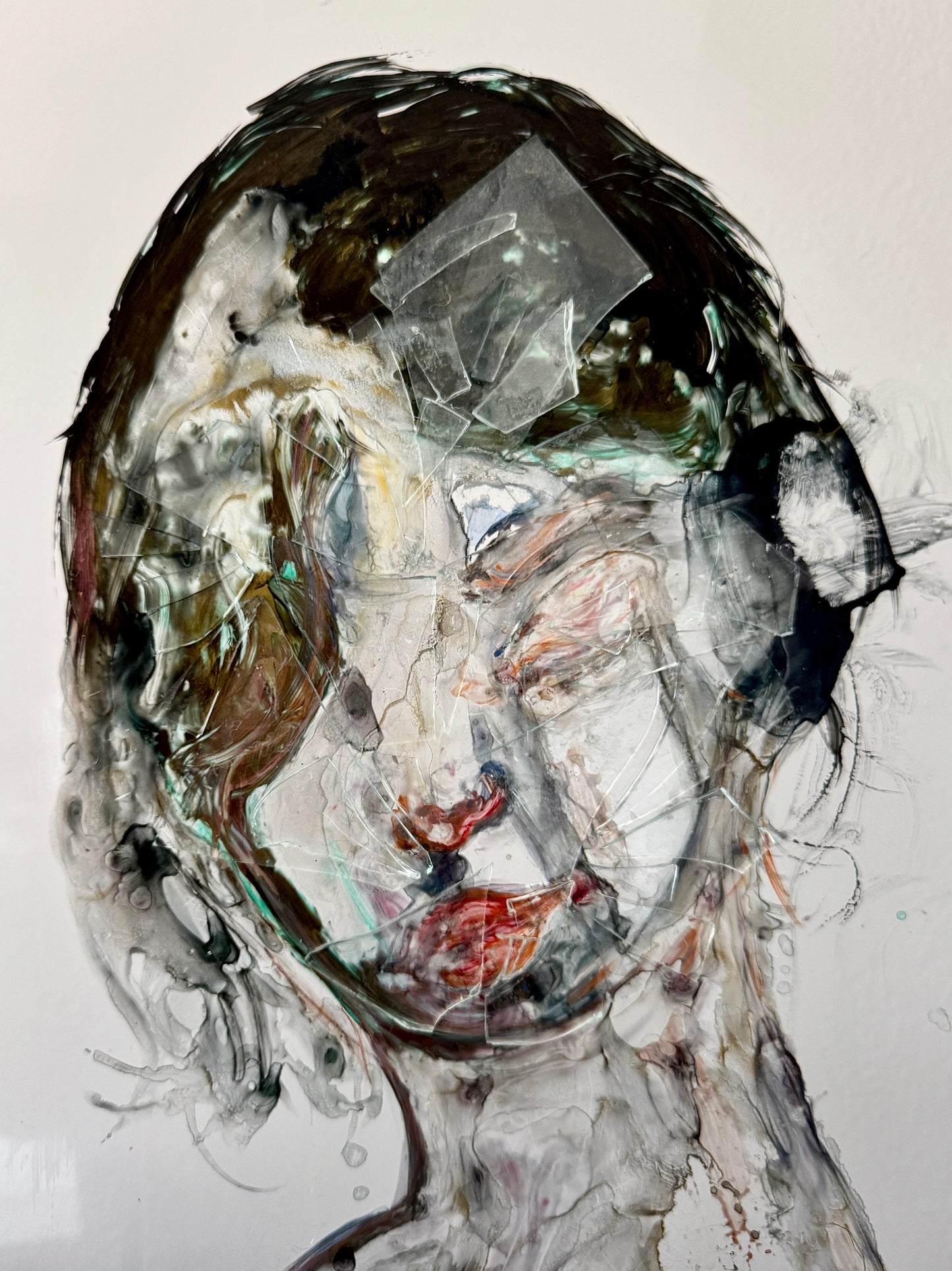 Fractured Reflections Installation | Unknown Face 5 | Original Glass Painting | Wood Display Stand