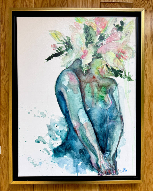 Between Flesh & Bloom Triptych | Acrylic On Canvas | Set Of 3 Original Paintings In Black & Gold Floating Frame