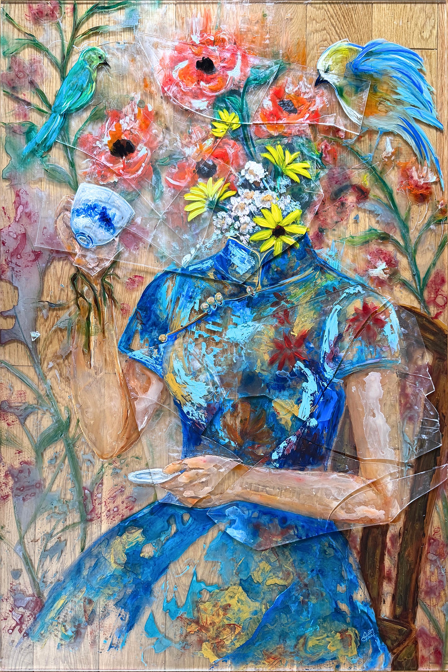 Joy - Tea With Me & Myself| Acrylic On Broken Glass Panels | Original Painting | Framed