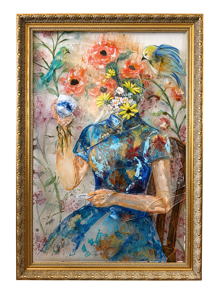 Joy - Tea With Me & Myself| Acrylic On Broken Glass Panels | Original Painting | Framed