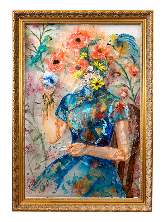 Joy - Tea With Me & Myself| Acrylic On Broken Glass Panels | Original Painting | Framed